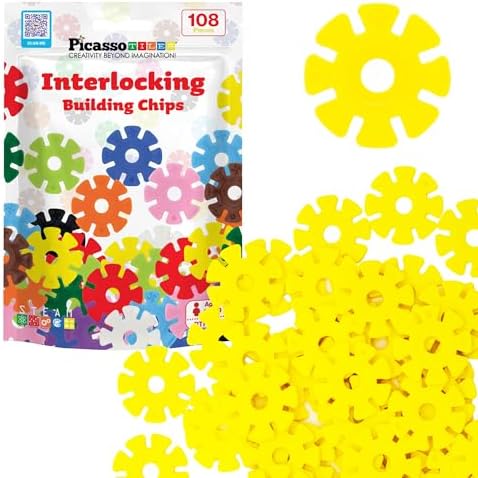 PicassoTiles Building Chip Interlocking Disc Construction Blocks in Yellow Color STEM Learning Early Education Toy Engineering Playset Child Brain Development for Toddlers Girls Boys Kid Age 3+ PTF108 by PicassoTiles