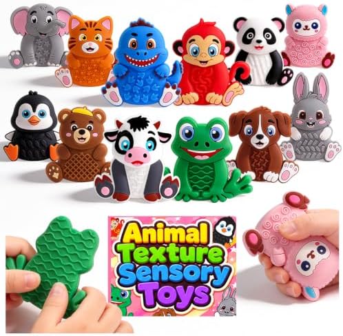 12 Pack Animal Sensory Toys for Kids Toddlers, Textured Silicone Fidget Toys, Quiet Travel Toys for Airplane, Car Rides, Preschool & Home Sensory Play, Classroom Calm Corner Toys by KSMKY