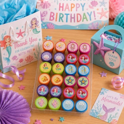 Cinrobiye 24 Pcs Mermaid Stampers Party Favor Set, Cute Under the Sea Stamps for Kids Birthday Party, Classroom Rewards, Carnival Prizes, Goody Bag Fillers, Mermaid Themed Party Supplies - Image 3