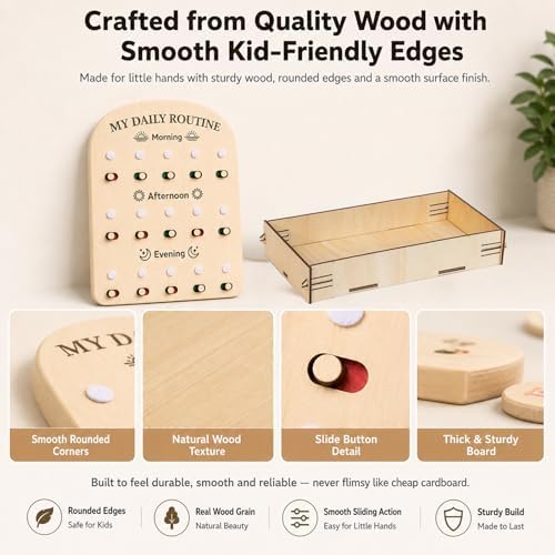 My Daily Routine Chart for Kids with Sliding Checklist – Wooden Visual Schedule Board for 3-5 Years Toddlers, Morning Afternoon Bedtime Activity Chore Chart for Independence Self Discipline - Image 4
