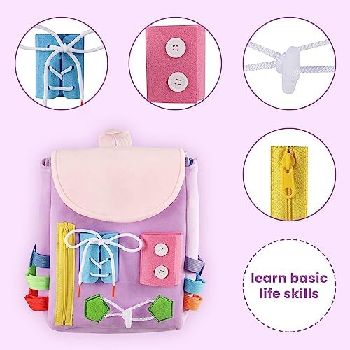 Busy Board - Toddler Backpack with Buckles and Learning Activity Toys - Develop Fine Motor Skills and Basic Life Skills - Learn to Tie Shoes - Children's Travel Toy (Purple) - Image 3