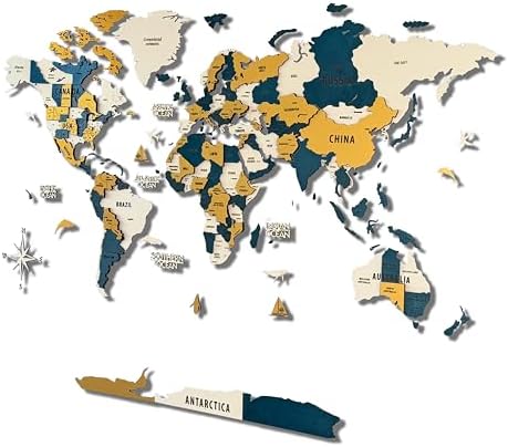 Colorfull Worlds 3D Wooden World Map Wall Art | Unique Wall Decor with Pins for Travel Enthusiasts | Home and Office Wall Décor | Gold-Blue | Large by ColorfullWorlds