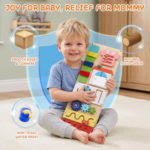 Montessori Busy Board for Toddlers 1-3, 2 Pcs Wooden Sensory Activity Board - Image 3