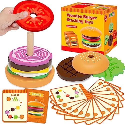 Jumlys Montessori Wooden Burger Stacking Toys for 2, 3, 4, 5 Year Olds, Fine Motor Toys for Kids Boys Girls, Ideal Preschool Educational and Learning Toys, Perfect Christmas Birthday Gifts by WelcometoJumlys