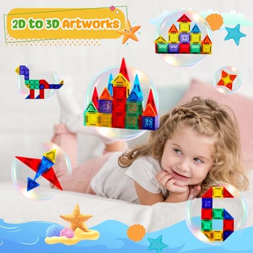FNJO Mini Magnetic Tiles, Magnet Building Set,60 PCS Building Blocks Set STEM Preschool Montessori Toy for Kids Boys Girls - Image 3