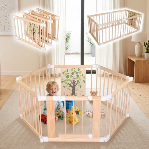 Wooden Baby Playpen with Child Safety Lock, 6-Panel Adjustable Foldable Play Yard for Toddlers, Tree Activity Board Montessori Playpen, Portable Indoor Baby Fence & Activity Center for Infant - Image 2