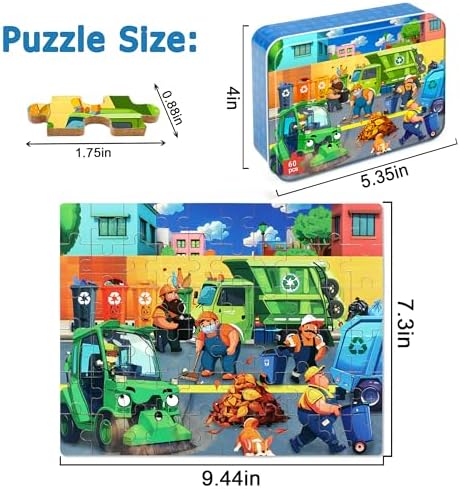 LELEMON Ocean Puzzles for Kids Ages 4-6,Recycling Garbage Truck 60 Piece Puzzles for Kids Ages 4-8,Children Jigsaw Puzzles in a Metal Box,Educational Learning Puzzle Toys for Girls and Boys - Image 2