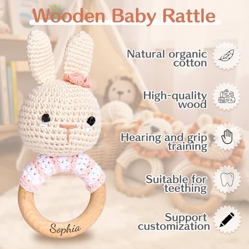 ​​DJAFS Wooden Baby Rattle Handmade Crochet Animal Organic Sensory Toy for Teething Newborns, Infant Grip Trainer & Safe Baby Shower Gift​​ (Customization Options) - Image 2
