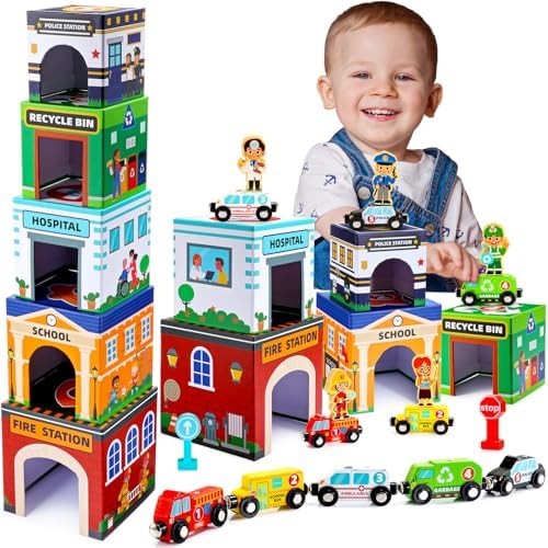 Baby Stacking Toys for Toddlers, Magnetic Wooden Cars & Garage Sorting Community Helpers Preschool Educational Learning Montessori Toys Birthday Gifts for Kids Number Blocks Nesting Boxes by MDINGTD