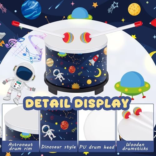 Boao Floor Tom Drum for Kids 8'' W x 6.5'' H Wooden Percussion Instrument Music Drum with 2 Rainbow Mallets Astronaut Educational Toys for Baby Children Toddler Boy Girl Birthday Gift - Image 3