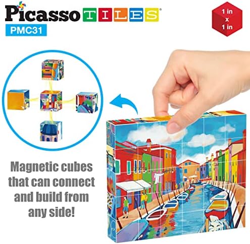 PicassoTiles 6-in-1 World Famous Painting Puzzles Magnetic Cubes Toy_Building_Block, Spain Park Guell, Paris Eiffel Tower, Greece Santorini & More for Kid, Educational Art for Boys and Girls - Image 6