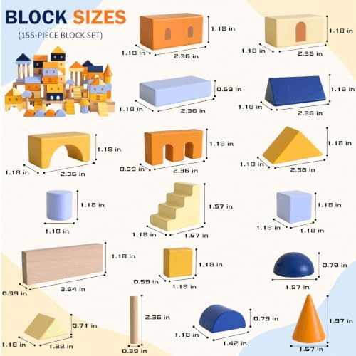 155-Piece Blue Wooden Building Blocks Set with Storage Bag - Image 6