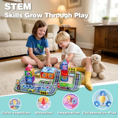 121PCS Magnetic Tiles Road Set with Pullback Cars. Magnet Tiles for Building Construction Toys with Ship, Airplane, Traffic Sign, STEM Magnetic Tiles for Kids Ages 4-8, Educational Gifts for Ages 3+ - Image 6