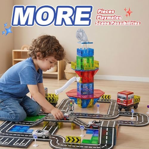 SKTMYY 150PCS Magnetic Tiles Road Set with Marble Run, Preschool Magnet Tiles Included Magnetic Cars. STEM Magnetic Tiles for Kids, Preschool Educational Building Toys for Boys & Girls - Image 5