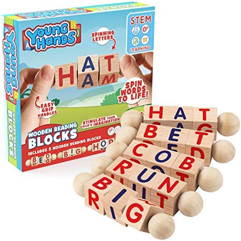 Creative Kids Wooden Reading Blocks - Set of 5 Spinning Alphabet Blocks w/Easy-Grip Handles - Kindergarten Preschool Learning Activities Letter Work - Wooden Montessori Toys Gifts for Kids Toddlers - Image 2