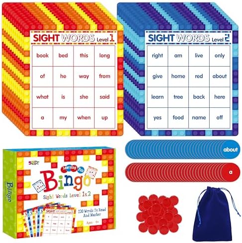 SpriteGru Sight Word Bingo Game, 120 Sight Words Learn to Read Level 1 & Level 2 Bingo Board Game Dolch's & Fry's Words Lists for Kindergarten and Preschool Kids 4-8, Perfect for Classroom & at Home by SpriteGru