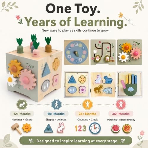 JSONS Montessori Toys for 1 Year Old, 8-in-1 Wooden Activity Cube, Learning Toy with Shape Sorter - Image 5