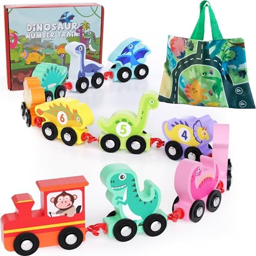 Dinosaur Toys for Toddlers Age 2-4, Wooden Dinosaur Train Set with Playmat/Storage Bag, Montessori Educational Toys for 2+ Years Old Boys & Girls - Image 2
