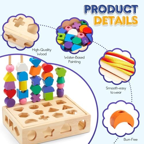3 in 1 Montessori Wooden Toys, Lacing Beads & Stacking Blocks & Shape Sorter Sequencing Toy Set, STEM Preschool Educational Learning Fine Motor Skills Toys for Toddlers 3 4 5 Years Gifts - Image 6