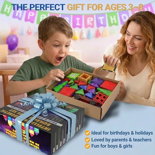 Magnetic Tiles Building Blocks Toy - STEM Educational Magnet Set for Kids, Creativity Preschool Learning Sensory Montessori Toddler Toys for Boys & Girls 3+ Years Old - 57PC - Image 4