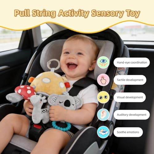 Musical Baby Pull Vibration Toy for Car Seat 6-12 Months, Travel Sensory Toy 3 Months, Montessori Plush Toys for Roadtrip with Crinkle Textures Flutter Squeaky Mirror Newborn Infant Gift - Image 4