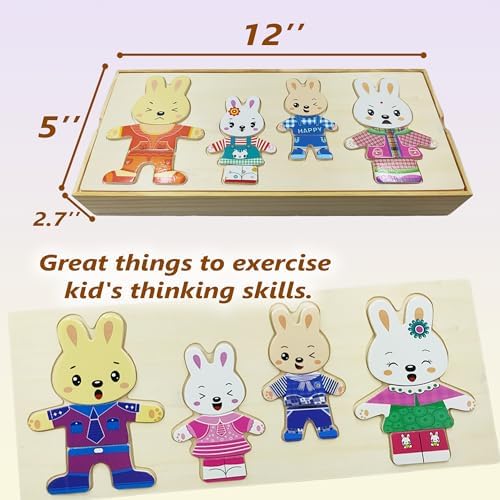 Wooden Bunny Family Dress-up Puzzle Box for Toddlers(72pcs),Change Clothes Puzzle Games, Preschool Learning Activities Toys for Kids Ages 3+ - Image 2