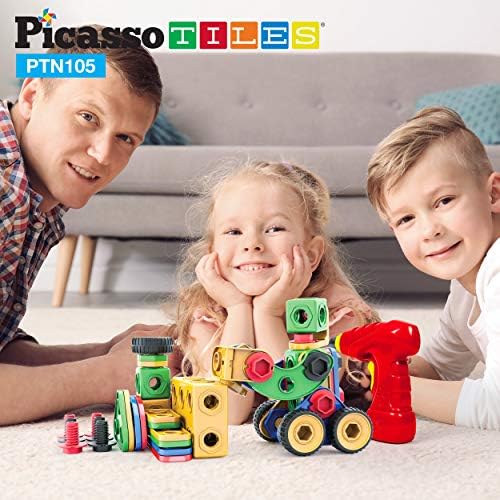 PicassoTiles STEM Learning Toys 105 Piece Building Block Set Kids Construction Engineering Kit Toy Blocks Children Early Education Playset w/IdeaBook, Power Drill, Clickable Ratchet, Age 3+ PTN105 - Image 2