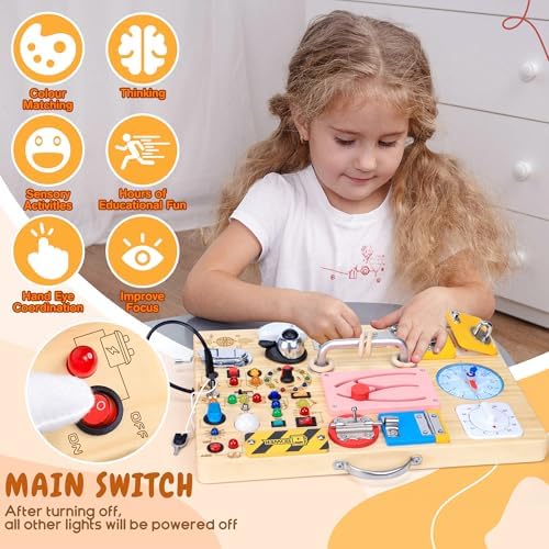 25 in 1 Busy Board with 13 LED Light Switches and 12 Activity, Montessori Toys for 1 2 3 Years Old, Wooden Sensory Board, Toddlers Travel Toys for 1+ Year Old Boy & Girl Birthday Gift（Extra-Large） - Image 6