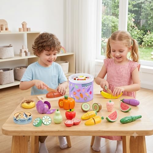 WHOHOLL 42 Pcs Play Food Set for Play Kitchen Accessories, Wooden Toys Pretend Cutting Food, Montessori Fruit and Veggies Christmas Birthday Gifts for Boys Girls 3-6 - Image 2