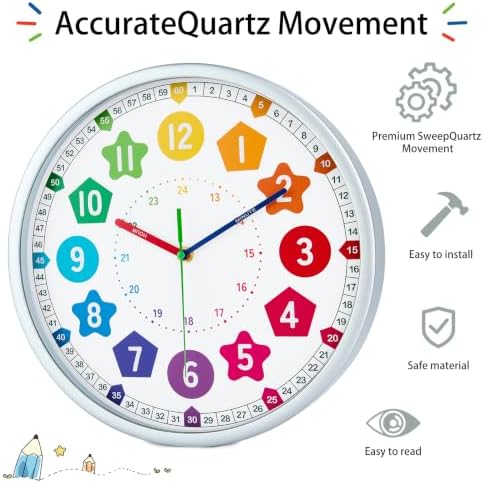 HZDHCLH Kids Wall Clock for Learning to Tell Time 8 Inch Silent Non Ticking Analog Clock with Colorful Shape Numbers Battery Operated Educational Clock for Classroom, Bedroom, Homeschool(Silver) - Image 3
