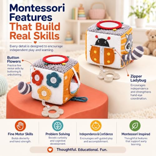 Baby Activity Cube Toy 8-in-1 for Babies 6-12 Months | Montessori Sensory Cube with Mirror, Teether, Crinkle Textures & Fine Motor Activities | Soft Busy Cube Toy for Toddler - Image 6