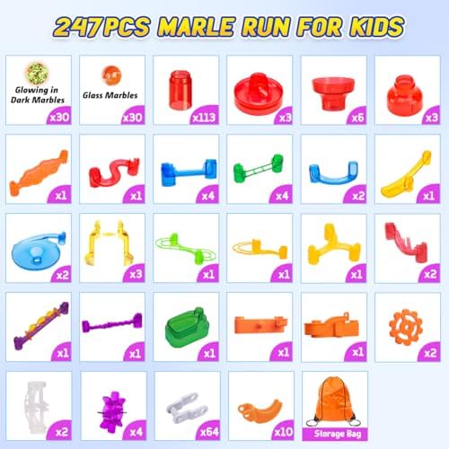 247Pcs Marble Run with Motorized Elevator, Construction Building Blocks Toys with 30 Glass Marbles and 30 Glow in The Dark Marbles, STEM Gifts for Boys and Girls - Image 3