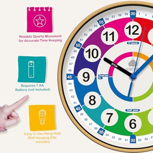 da Vinci's Room 12 Inch Silent Analog Telling Time Teaching Clock for Kids - Image 4