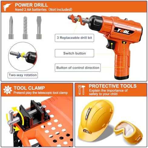 Kids Tool Bench with Power Drill, Realistic Tools, Construction Vest - Image 3