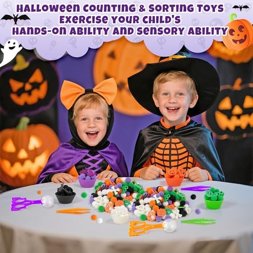 EZdhuawuse Halloween Sensory Bin Fillers - 269P Halloween Fine Motor Toys Sorting Stacking Toys for Kids, Glitter Felt Pumpkin Black Cat Hat Pom Poms for Preschool Education Early Development Activity - Image 3