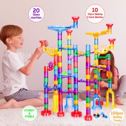 Meland Marble Run - 132Pcs Marble Maze Game Building Toy for Kid, Marble Track Race Set & STEM Learning Toys for Boy Girl Age 3 4 5 6 7 8 9+ (102 Translucent Marbulous Pcs & 30 Glass Marbles) - Image 4