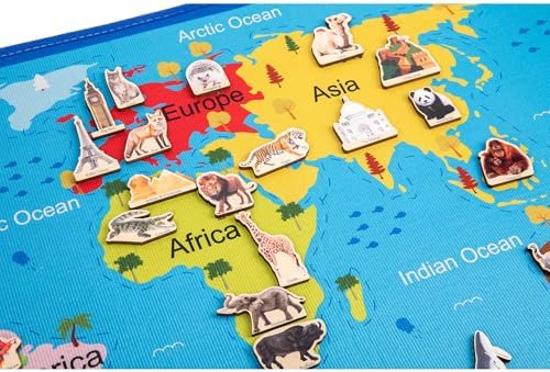 Montessori Continents Playmat with Matching Wooden Cards, World Map Matching Game for Kids 4-8 Years Old, Educational Play Mat, Geography Learning Activity Toy with 41 Animals & Landmarks - Image 3