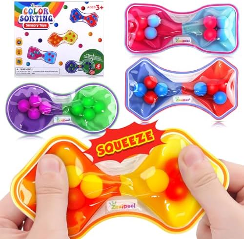 Sensory Fidget Toys for Kids Toddler: 4 Pack Color Sorting Squeeze Toys by ZaxiDeel