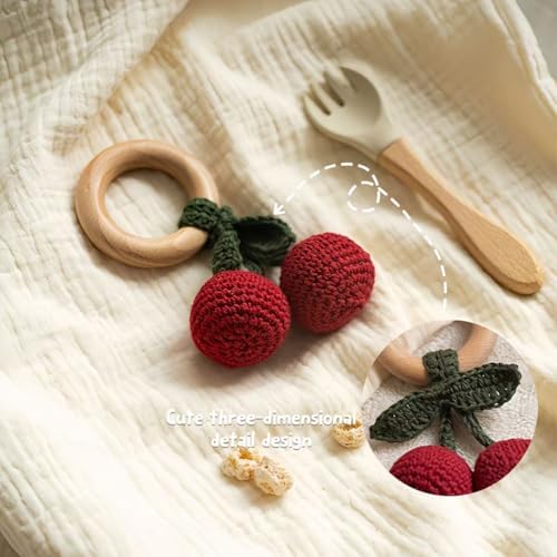 Wooden Baby Rattle Toys Stuffed Crochet Rattle with Teether Ring for Newborn Babies Fruit Wooden Teether Toy Infant Toddler Handcrafted Crochet Rattles Cute Shower Gifts for Boy and Girls - Image 6