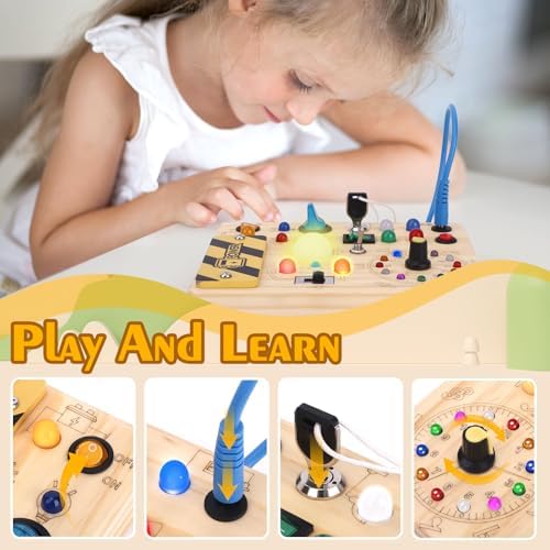 Hoarosall Montessori Toys Clock Wooden Busy Board with 11 LED Light switches, Tooddler Sensory Travel Toys for 1+ Year Old Baby and Toddler - Image 3