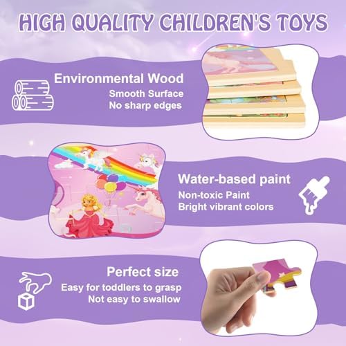 Wooden Puzzles Toys for Kids Ages 3-5, Set of 4 Packs with 20-Piece Unicorn Mermaid Princess Wood Jigsaw Puzzles, Preschool Educational Brain Teaser Toys for Girls 3 4 5 6 Years Old. - Image 4