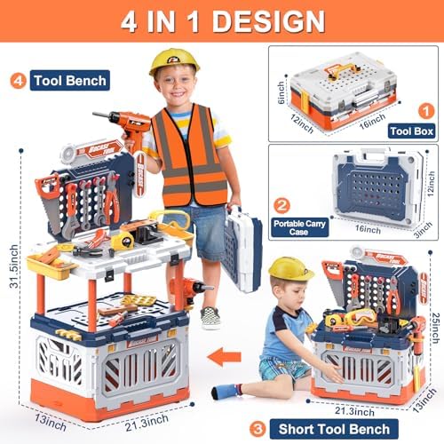 Kids Tool Bench with Electric Drill, Realistic Tools, Vest for Kids - Image 3