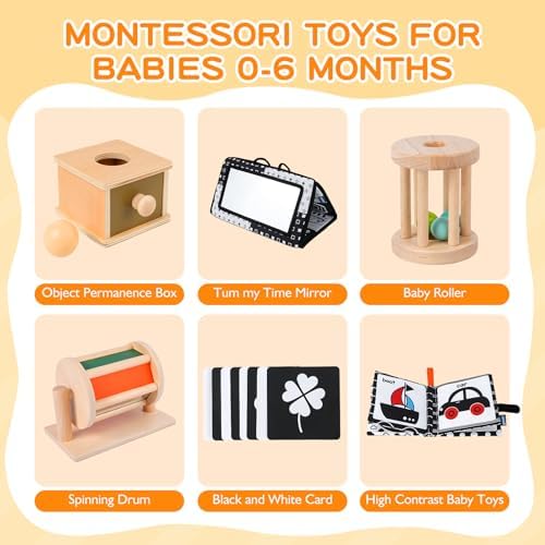 Montessori Toys for Babies 0-6 Months, 6 in 1 Learning Educational Set for Newborn, Toddlers Gifts Includes Spinning Drum, Object Permanence Box, Baby Roller Tummy Time Mirror and More - Image 2