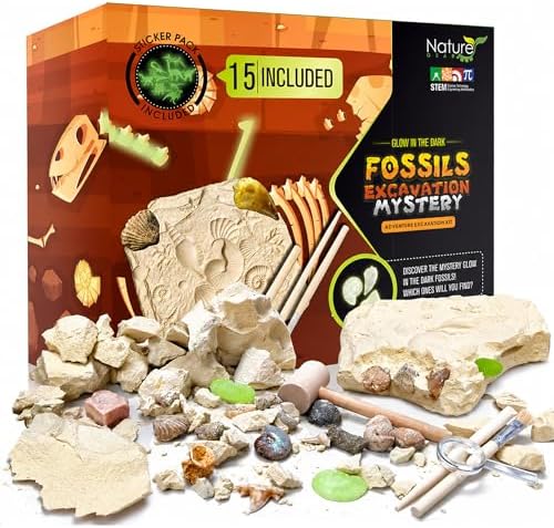 Nature Gear Dino Fossil Dig Kit for Kids, Educational Excavation Kit with 15 Glow in The Dark Mystery Fossils, Interactive Dinosaur Science Kits for Kids Age 3-5 and Up, Excavation Adventure Kit by NatureGear