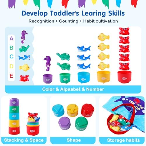 All in 1 Cloth Fishing Game with Stacking Cups, Learn Count and Sort Colors - Image 3