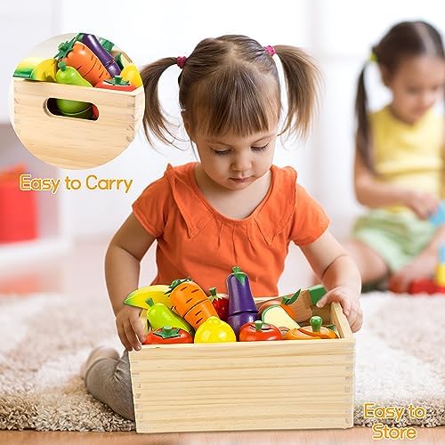 Wooden Play Food for Toddlers, Fruit & Veggies Cutting Set for Play Kitchen - Image 5