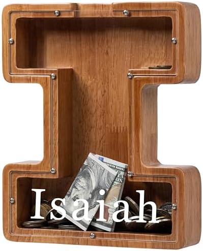 Personalized Large Wooden Kids Letter Piggy Bank - (Laser Engraved) Custom Piggy Bank for Boys Girls - Wooden Banks with Initials - Alphabet Money Box Bank Birthday Letter I Bank by Ladenk