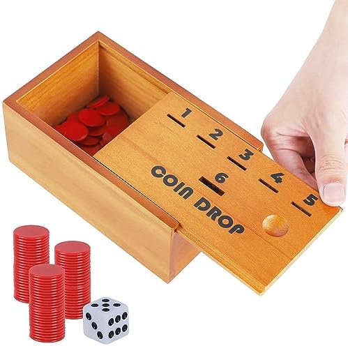 Juegoal Coin Drop Set, Pennies Dice Games, Wooden Tabletop Board Game Sets for 2-6 Player, Wood Penny Game Box Includes 48 Chips & 1 Dice by Juegoal