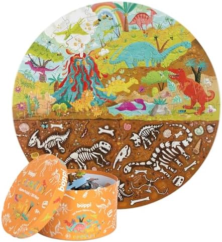 boppi Dinosaurs Round Jigsaw Puzzle with 100% Recycled Card T-rex Stegosaurus and Triceratops Fossils 150 Pieces for Children 5 6 7 8 Years 58cm Diameter by IndoorOutdoorKidsToys