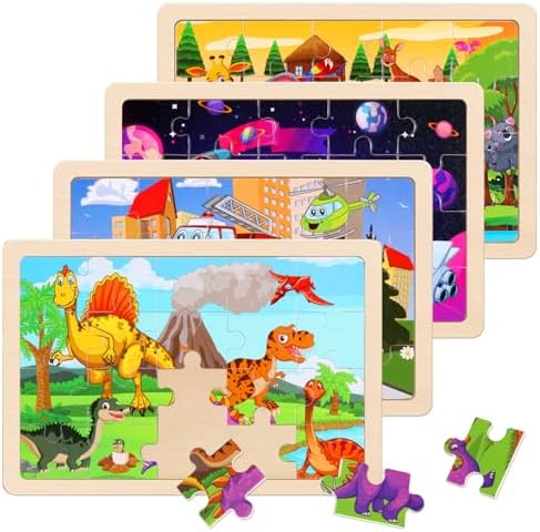 Wooden Puzzles Toys for Kids Ages 3-5, Set of 4 Packs Dinosaur, Space, Transportation Wood Puzzles, Preschool Brain Teaser Toys for Boys and Girls 3 4 5 6 Years Old by NASHRIO
